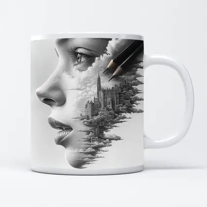 Woman Face City Skyline Pencil Drawing Art