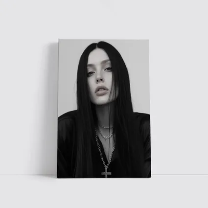 Dark Goth Woman Cross Necklace Gray Background