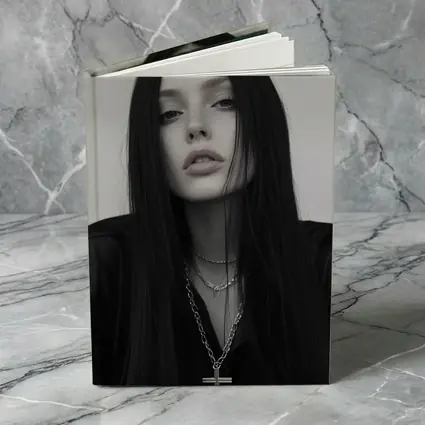 Dark Goth Woman Cross Necklace Gray Background