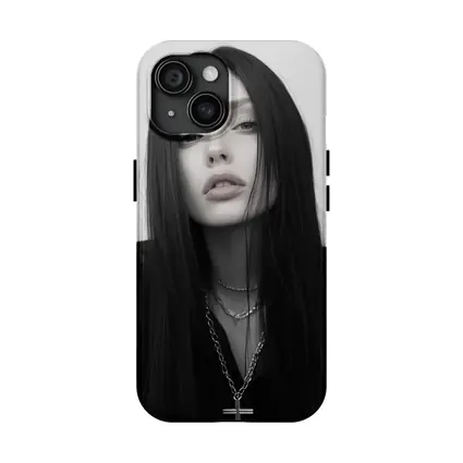Dark Goth Woman Cross Necklace Gray Background