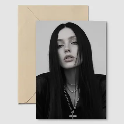 Dark Goth Woman Cross Necklace Gray Background