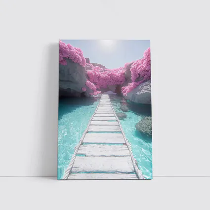 White Wooden Bridge Pink Trees Turquoise Water