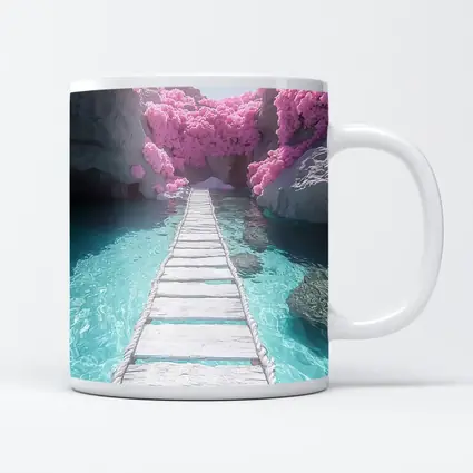 White Wooden Bridge Pink Trees Turquoise Water