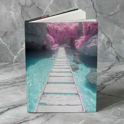 White Wooden Bridge Pink Trees Turquoise Water