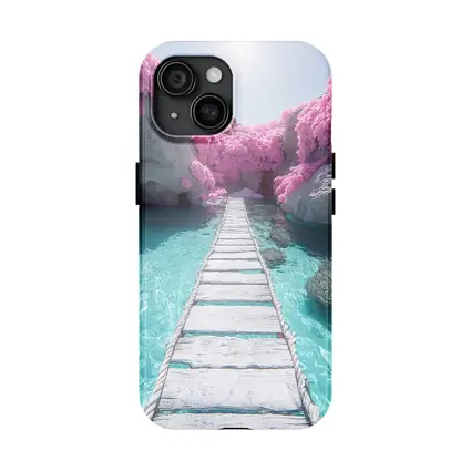 White Wooden Bridge Pink Trees Turquoise Water