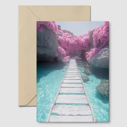 White Wooden Bridge Pink Trees Turquoise Water