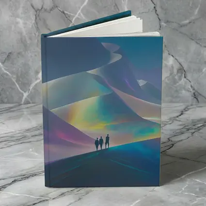 Three Figures Walking Iridescent Abstract Dunes