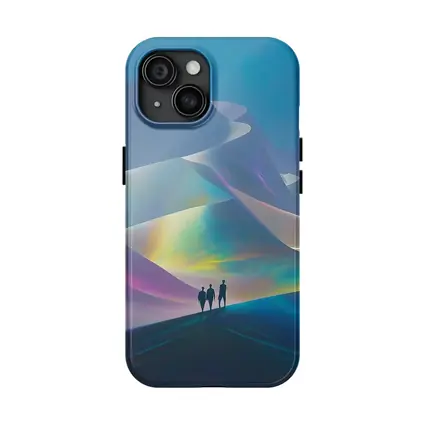 Three Figures Walking Iridescent Abstract Dunes