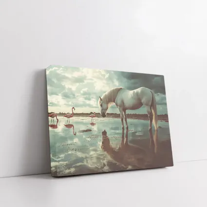 White Horse Flamingos Reflecting Shallow Water