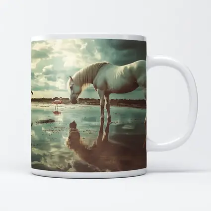 White Horse Flamingos Reflecting Shallow Water