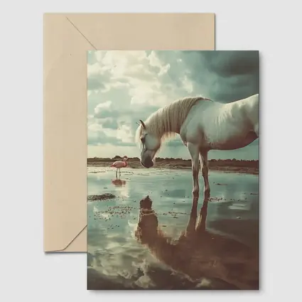 White Horse Flamingos Reflecting Shallow Water