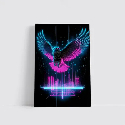 Neon Eagle Flying Over Cyberpunk City