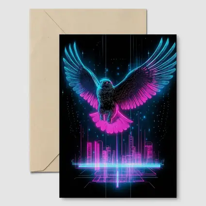 Neon Eagle Flying Over Cyberpunk City