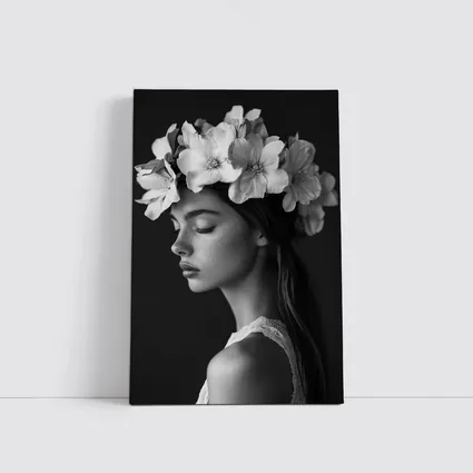 Woman Flower Crown Black White Portrait