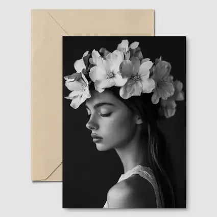 Woman Flower Crown Black White Portrait