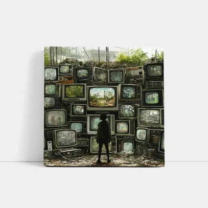 Child Standing Before Wall of Old Televisions