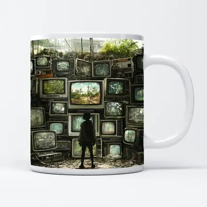 Child Standing Before Wall of Old Televisions