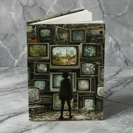Child Standing Before Wall of Old Televisions