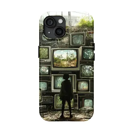 Child Standing Before Wall of Old Televisions