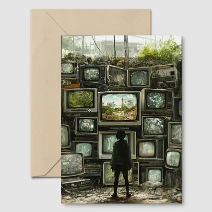 Child Standing Before Wall of Old Televisions