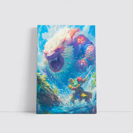 Fantasy Warrior Fighting Giant Monster Ocean