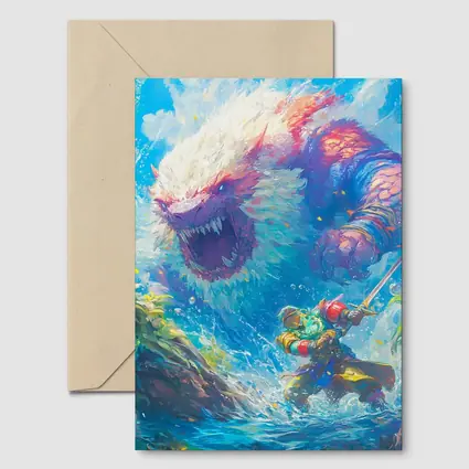 Fantasy Warrior Fighting Giant Monster Ocean