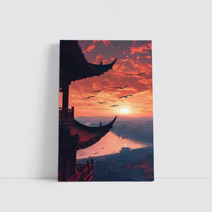 Chinese Pagoda Sunset Birds Flying Sky