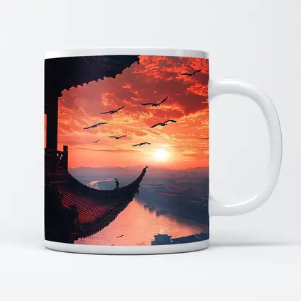 Chinese Pagoda Sunset Birds Flying Sky