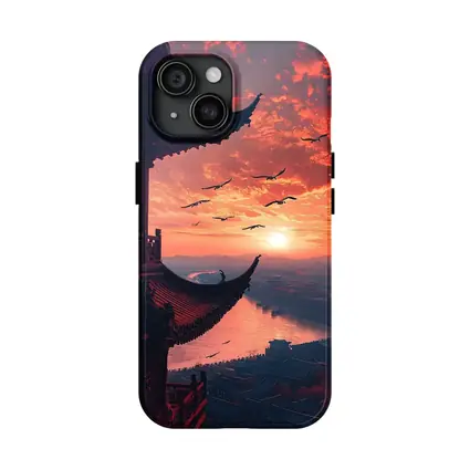 Chinese Pagoda Sunset Birds Flying Sky