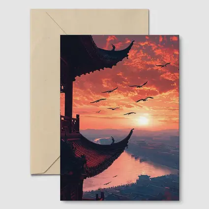 Chinese Pagoda Sunset Birds Flying Sky