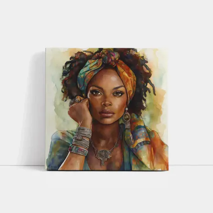 Boho African Woman Watercolor Portrait Art