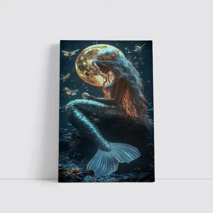 Mermaid Sitting by Full Moon Night