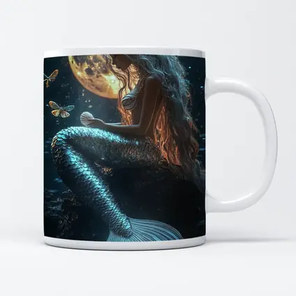 Mermaid Sitting by Full Moon Night