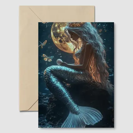 Mermaid Sitting by Full Moon Night