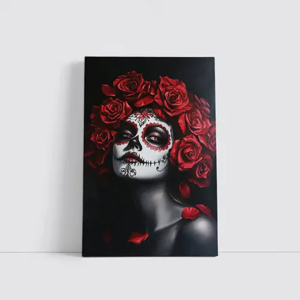 Sugar Skull Woman Red Roses Dark Background
