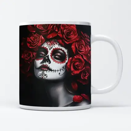 Sugar Skull Woman Red Roses Dark Background