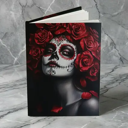 Sugar Skull Woman Red Roses Dark Background