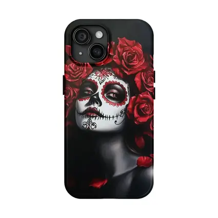 Sugar Skull Woman Red Roses Dark Background