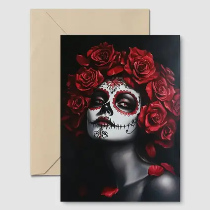 Sugar Skull Woman Red Roses Dark Background