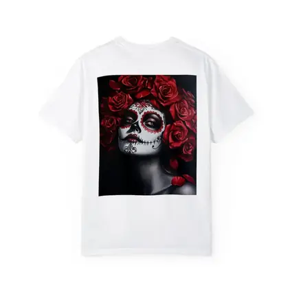 Sugar Skull Woman Red Roses Dark Background