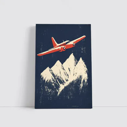 Red Vintage Plane Flying Over Snowy Mountains
