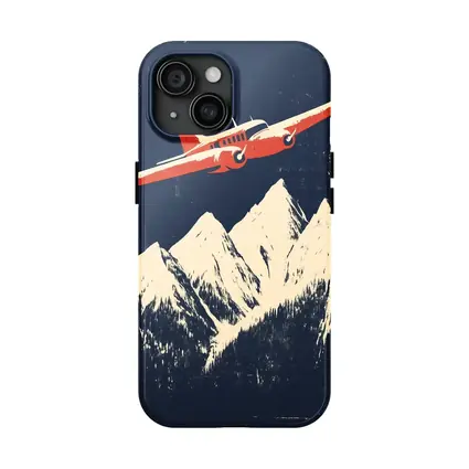 Red Vintage Plane Flying Over Snowy Mountains