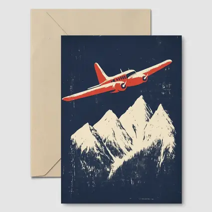 Red Vintage Plane Flying Over Snowy Mountains