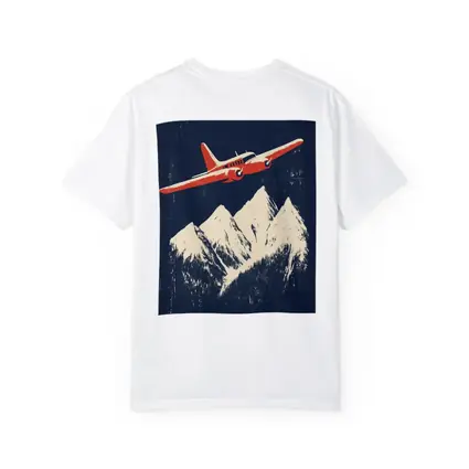 Red Vintage Plane Flying Over Snowy Mountains
