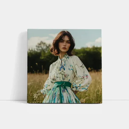 Floral Dress Woman Standing in Meadow