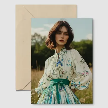 Floral Dress Woman Standing in Meadow