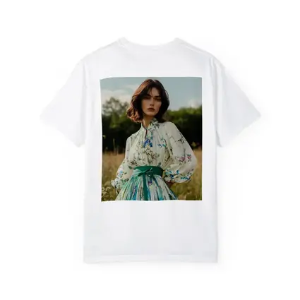 Floral Dress Woman Standing in Meadow