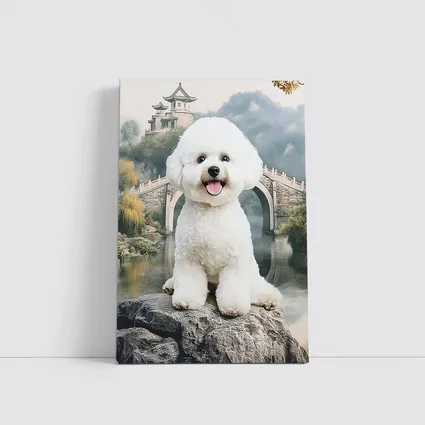 Bichon Frise Dog Chinese Garden Bridge