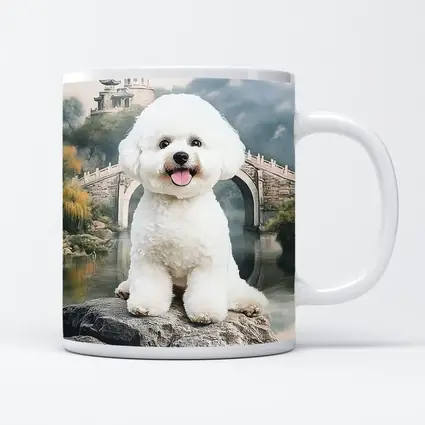 Bichon Frise Dog Chinese Garden Bridge