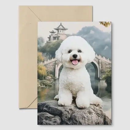 Bichon Frise Dog Chinese Garden Bridge